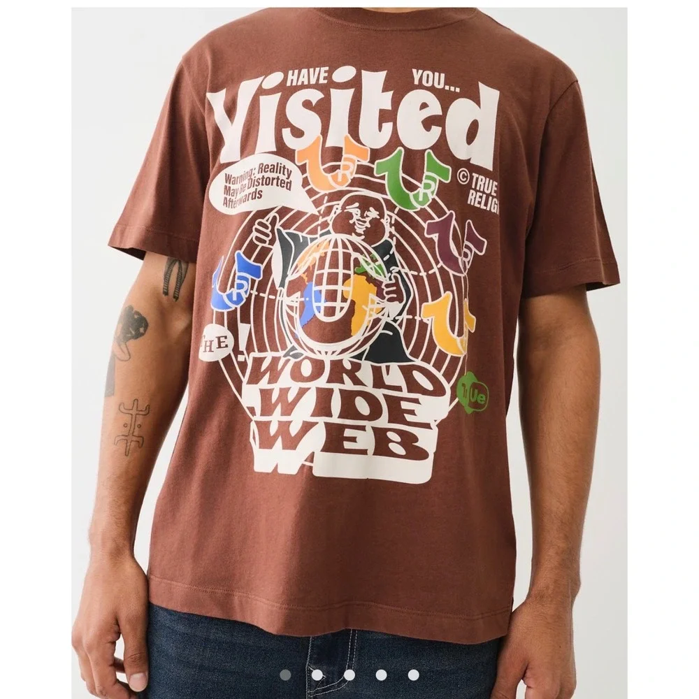 True Religion Mens World Wide Web Buddha Graphic T-Shirt Chestnut Brown XXL New
